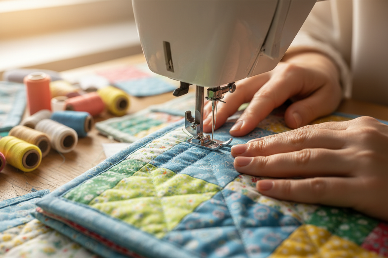 Woman using a sewing machine quilting only hands visible